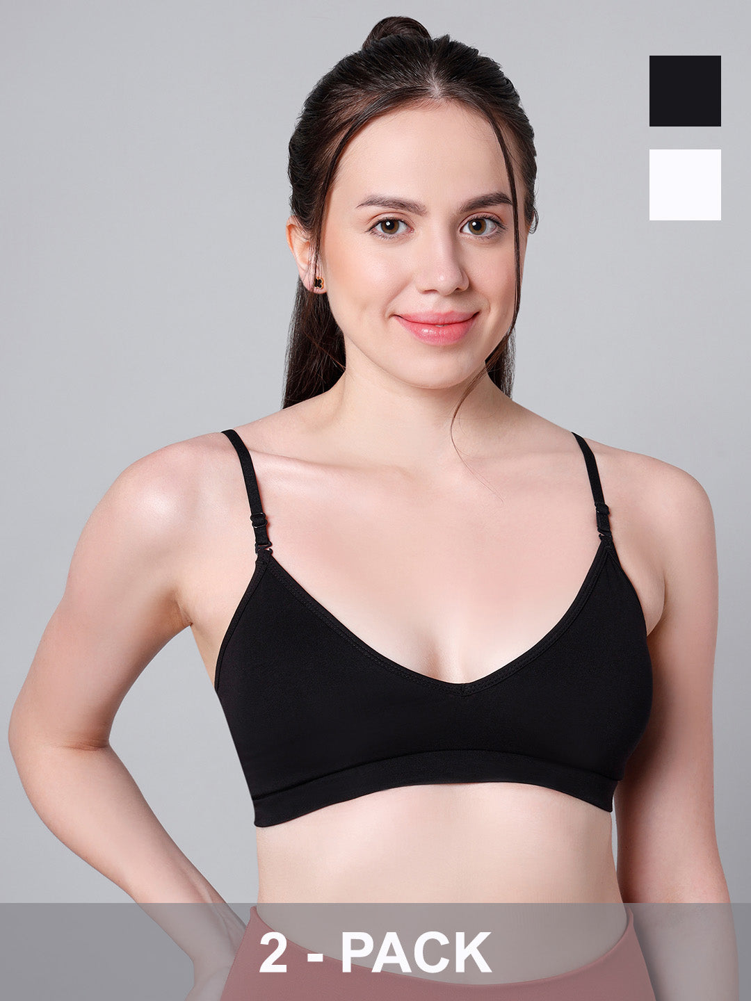 Cotton Stretch Padded Wire-Free Triangle Bra - V-Neck Everyday Comfort - White & Black - Pack of 2
