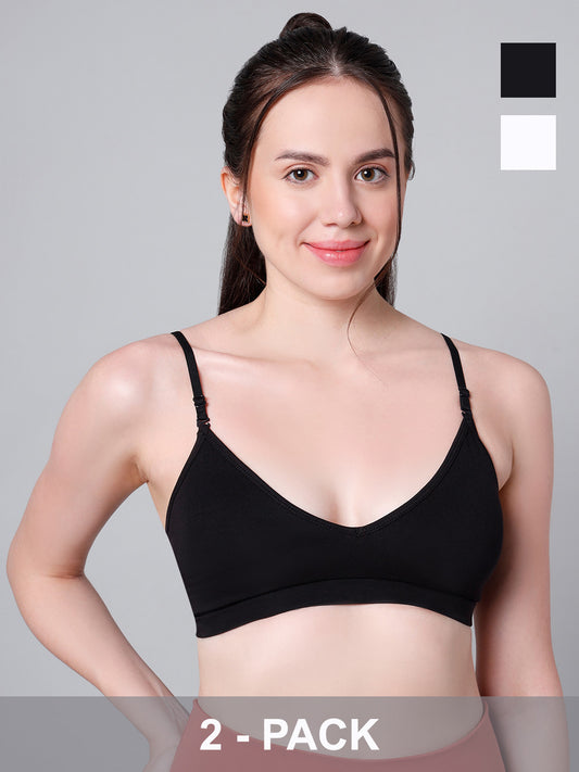 Cotton Stretch Padded Wire-Free Triangle Bra - V-Neck Everyday Comfort - White & Black - Pack of 2