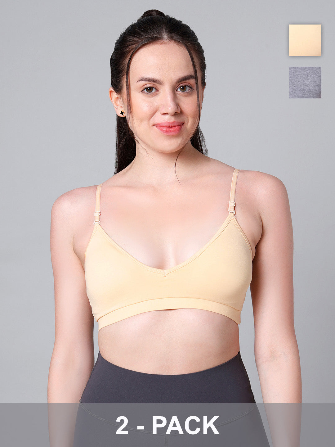 Cotton Stretch Padded Wire-Free Triangle Bra - V-Neck Everyday Comfort - Skin & Grey - Pack of 2