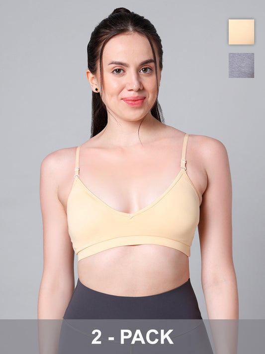 Cotton Stretch Padded Wire-Free Triangle Bra - V-Neck Everyday Comfort - Skin & Grey - Pack of 2