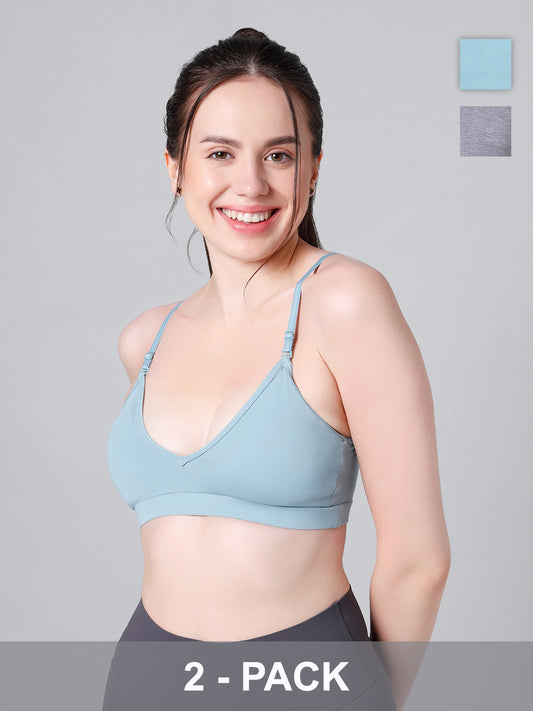 Cotton Stretch Padded Wire-Free Triangle Bra - V-Neck Everyday Comfort - Chalk & Grey - Pack of 2