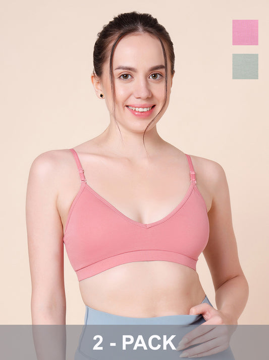 Cotton Stretch Padded Wire-Free Triangle Bra - V-Neck Everyday Comfort - Rose & Pista - Pack of 2
