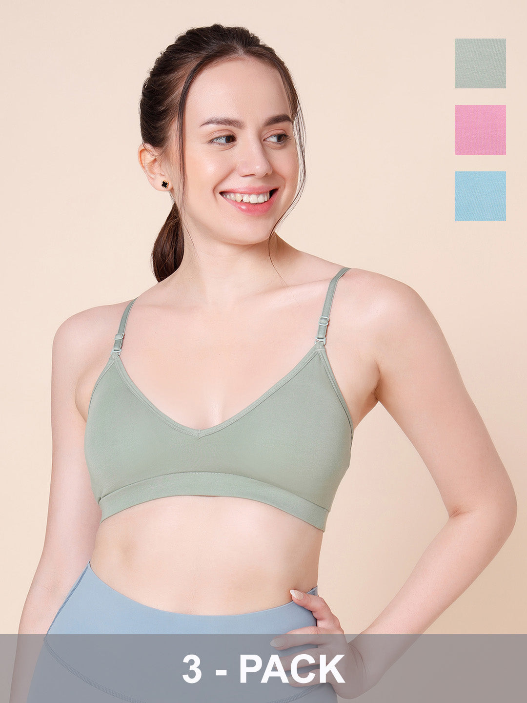 Cotton Stretch Padded Wire-Free Triangle Bra - V-Neck Everyday Comfort - Multi colour - Pack of 3