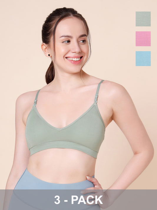 Cotton Stretch Padded Wire-Free Triangle Bra - V-Neck Everyday Comfort - Multi colour - Pack of 3