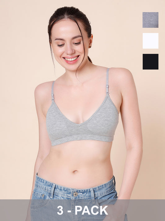 Cotton Stretch Padded Wire-Free Triangle Bra - V-Neck Everyday Comfort - Multi colour - Pack of 3