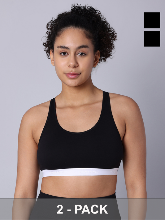 Pack of 2  Double Layered Black Racerback Bra. Non Padded, Non Wired