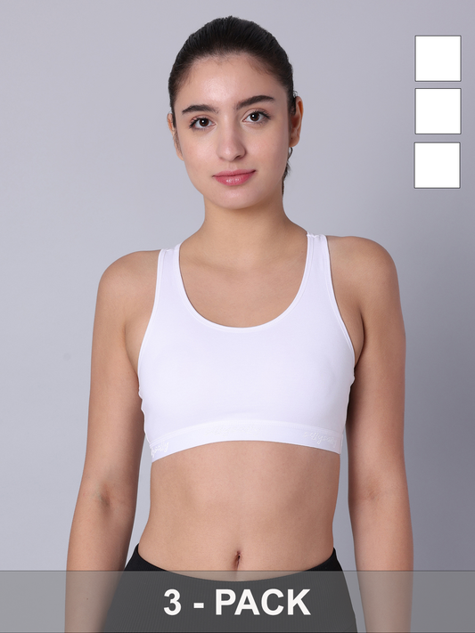 Double Layered Cotton Stretch Racerback Sports Bra - Non-Padded Wire-Free - White (Pack of 3)