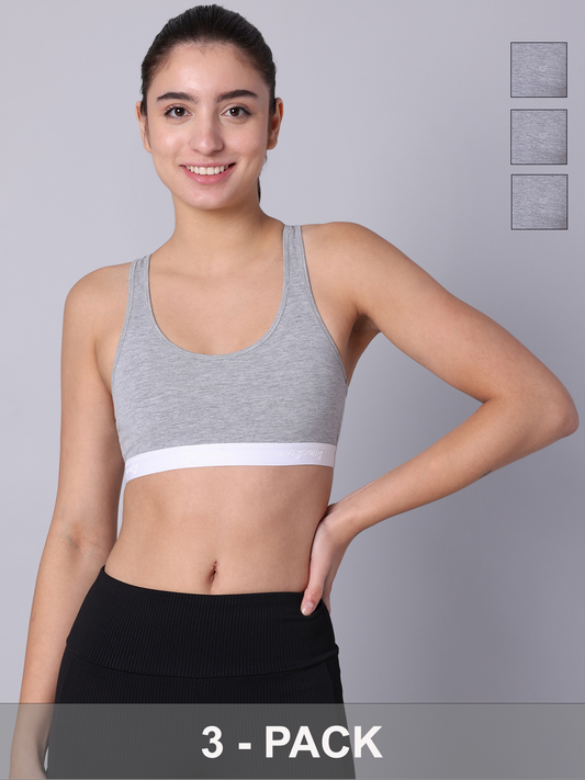 Pack of 3  Double Layered Grey Melange Racerback Bra. Non Padded, Non Wired