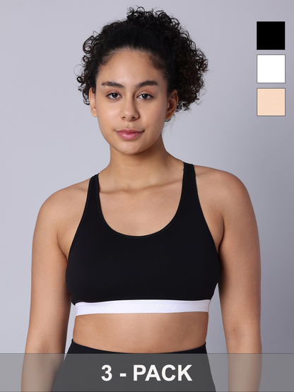 Pack of 3  Double Layered Multicolor Racerback Bra. Non Padded, Non Wired