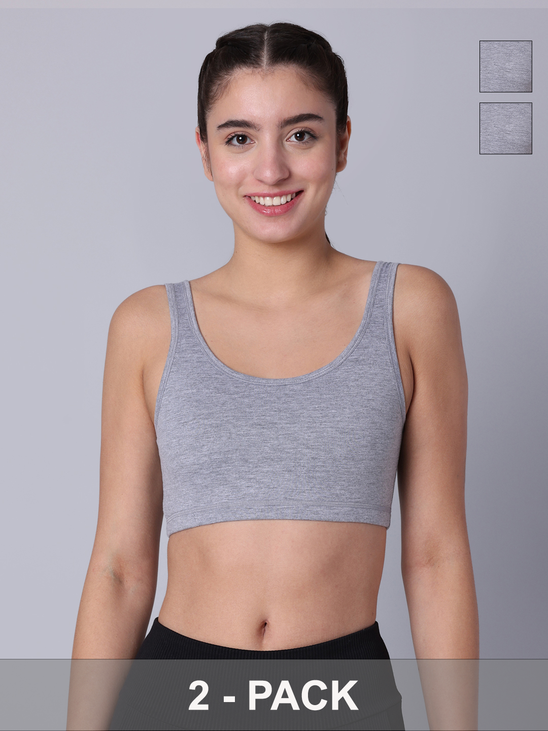 Pack of 2  Double Layered Grey Melange Active Bra. Non Padded, Non Wired