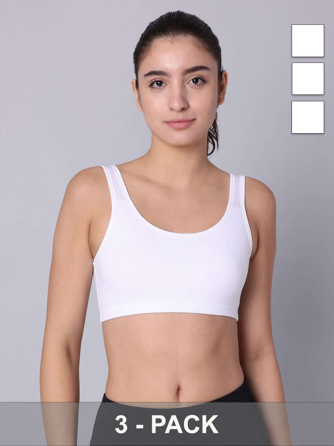 Pack of 3  Double Layered White Active Bra. Non Padded, Non Wired