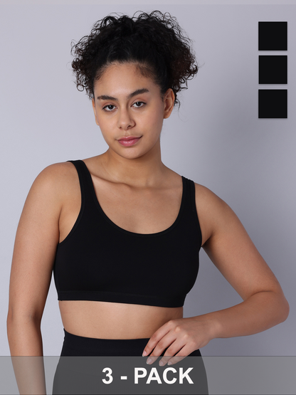 Pack of 3  Double Layered Black Active Bra. Non Padded, Non Wired