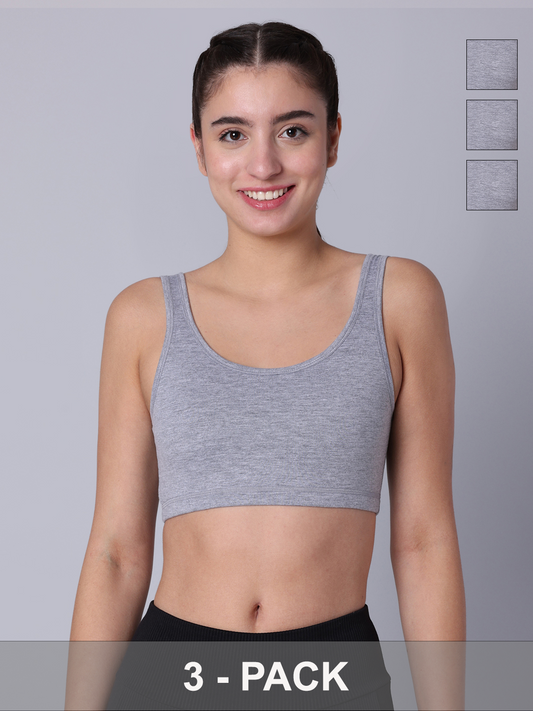 Pack of 3  Double Layered Grey Melange Active Bra. Non Padded, Non Wired