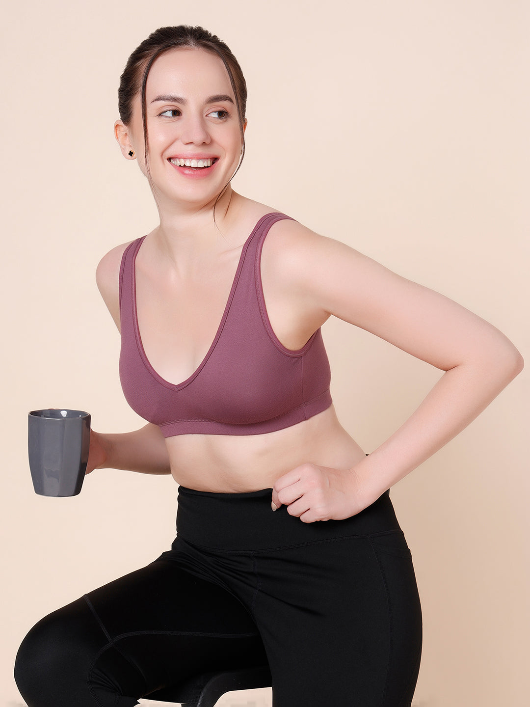 Wire-Free Padded Triangle Sports Bra - Everyday Comfort - Wine