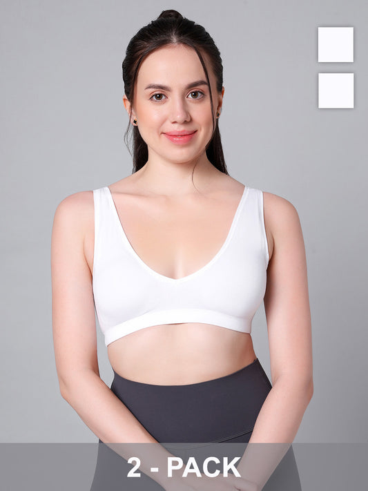 Wire-Free Padded Triangle Sports Bra - Everyday Comfort - White - Pack of 2