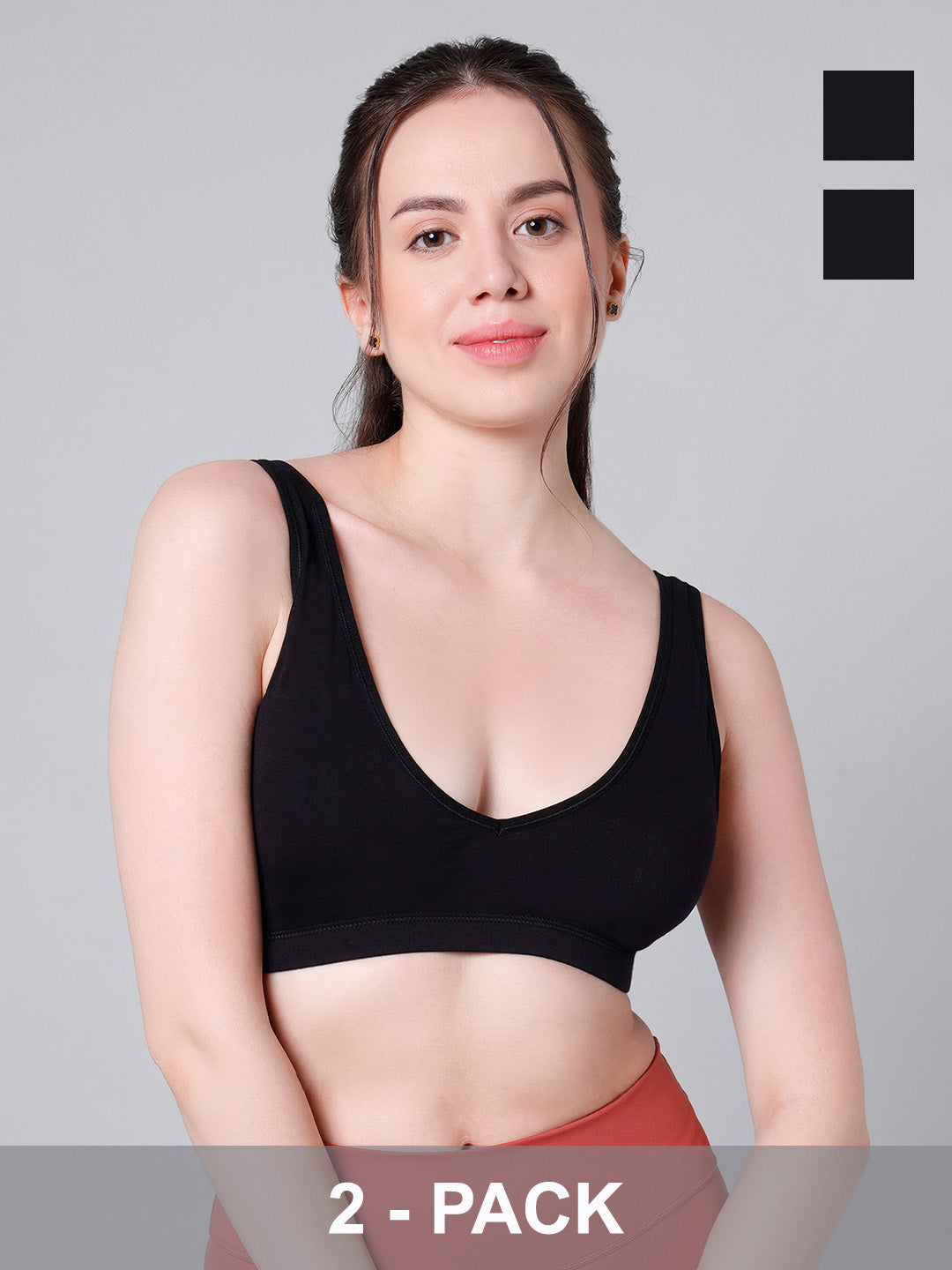 Wire-Free Padded Triangle Sports Bra - Everyday Comfort - Black - Pack of 2