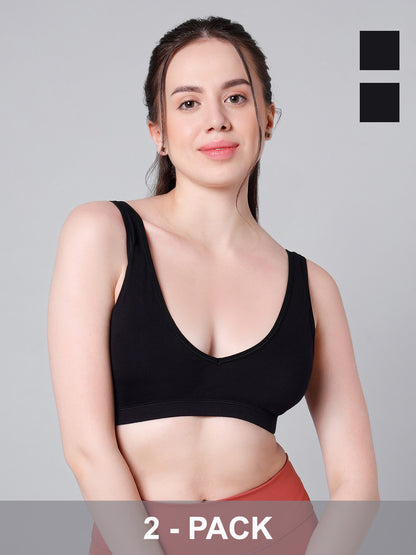 Wire-Free Padded Triangle Sports Bra - Everyday Comfort - Black - Pack of 2