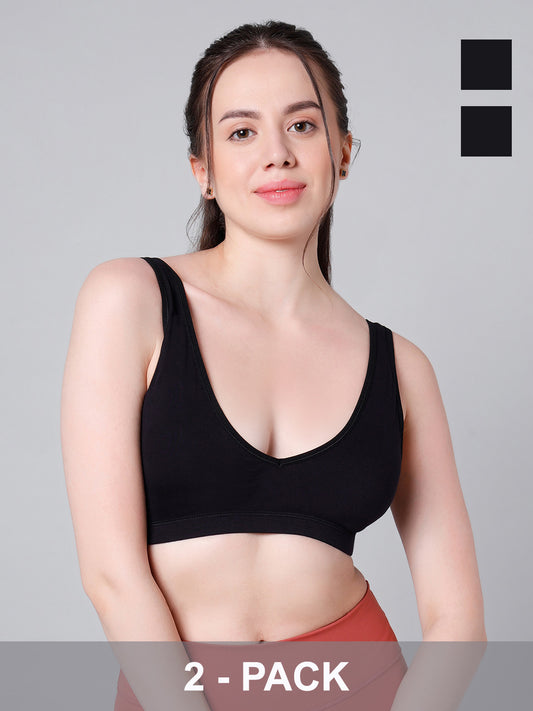 Wire-Free Padded Triangle Sports Bra - Everyday Comfort - Black - Pack of 2