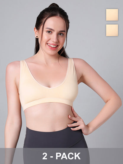 Wire-Free Padded Triangle Sports Bra - Everyday Comfort - Skin - Pack of 2