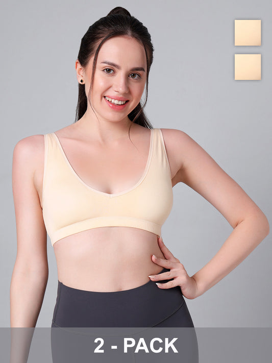 Wire-Free Padded Triangle Sports Bra - Everyday Comfort - Skin - Pack of 2