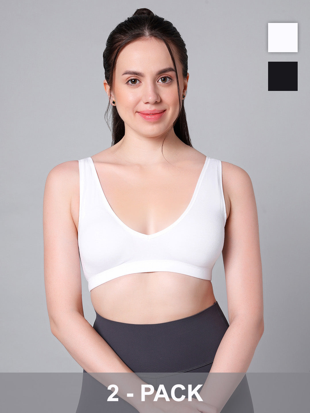 Wire-Free Padded Triangle Sports Bra - Everyday Comfort - White & Black - Pack of 2