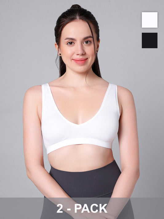 Wire-Free Padded Triangle Sports Bra - Everyday Comfort - White & Black - Pack of 2