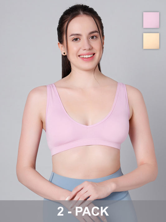 Wire-Free Padded Triangle Sports Bra - Everyday Comfort - Lavender & Skin - Pack of 2