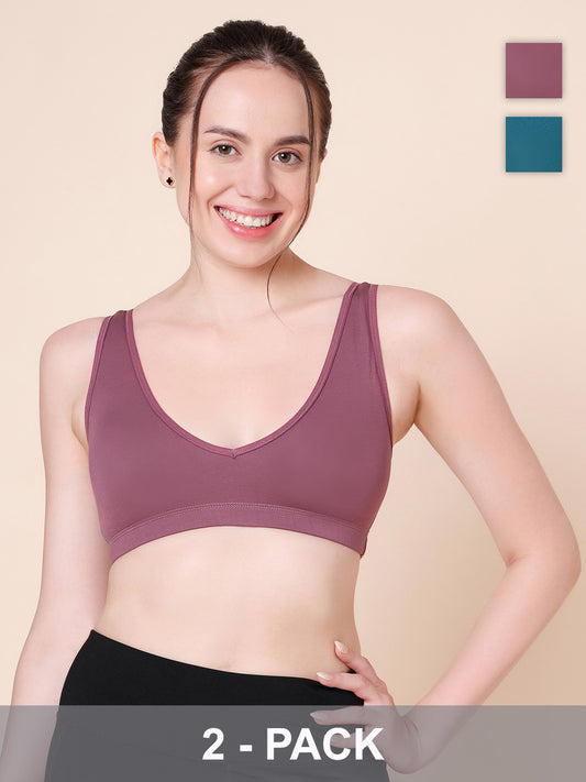 Wire-Free Padded Triangle Sports Bra - Everyday Comfort - Wine & Teal Blue - Pack of 2