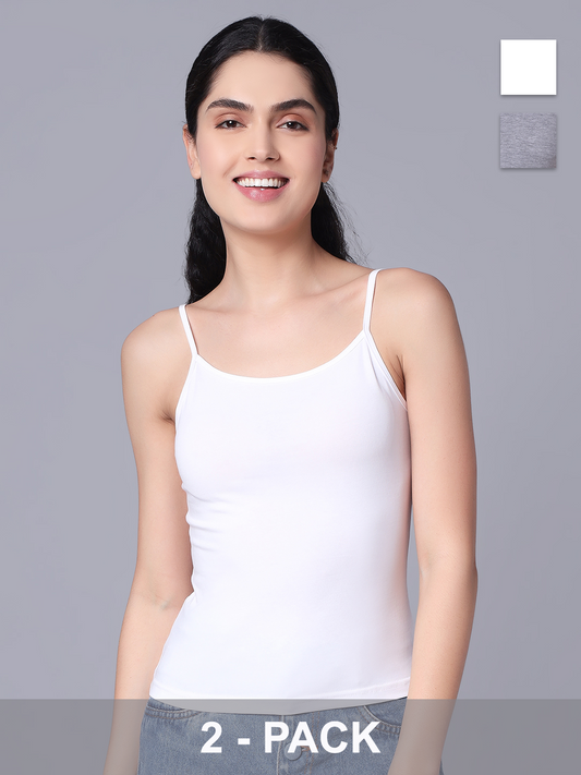 Premium Cotton Lycra Camisole – The Essential Everyday Stretch- White & Grey (Pack of 2)